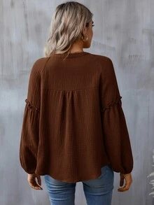 SHEIN LUNE Notched Neckline Lantern Sleeve Blouse,Casual - Brown - View 2