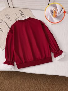 SHEIN 女童可愛甜美風深紅色 2 合 1 保暖內裡長袖運動衫，秋季蕾絲飾邊拼接蝴蝶結套頭上衣，聖誕節假期派對穿搭 - 酒紅色 - 查看 2