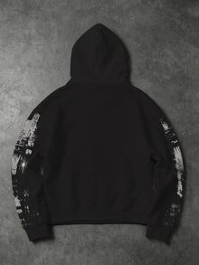 ROMWE MEN American Street Dark Character Collage Zipper Hoodie, Oversized Vintage Distressed Gothic Print - Black and White - View 2