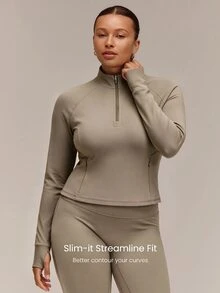 GLOWMODE Plus Size FeatherFit™ Beat The Chill High-Neck Pullover With Thumbholes & Reflective Polka-Dot Back Running Gym Training Fall Active Wear - Olive Brown - View 4