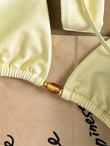 Swim Mod Polka Dot Halter Tie Two Pieces Bikini Swimsuit - Yellow - View 3