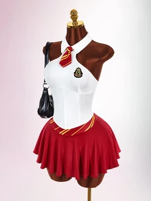 Amplova Halloween Magic Academy Style Cut-Out Waist Umbrella Skirt Cross Strap Backless With Lining Tie Neck Women's Fitted Mini Dress - Burgundy - View 4
