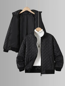 SHEIN 兒童青少年男孩黑色休閒3D壓紋立領開襟厚實編織冬季外套派克大衣，適合學校、花園、海灘、生日，適用秋季與冬季 - 黑色 - 查看 5