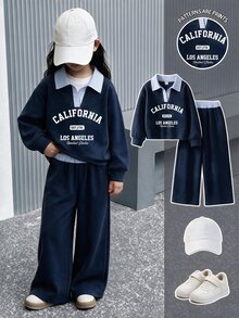 少女 2件套 時尚休閒學院風 字母印花條紋翻領 V 領長袖衛衣 寬腿褲 柔軟面料 適合聖誕出遊 返校季 秋冬 - 彩色 - 查看 7