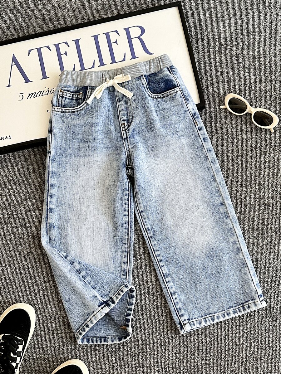 SHEIN Young Boy Casual Basic Drawstring Waist Blue Denim Loose Baggy Jeans For Back-To-School Outfits - Blue - View 1