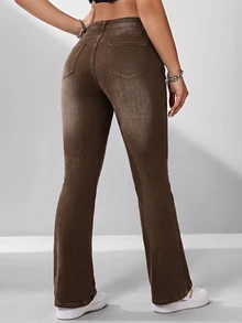 SHEIN PETITE 女款街頭風鈕扣口袋牛仔長褲 - 棕色 - 查看 2