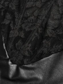 NU&NOW Black Sheer Floral Lace Boned Corset Top Off Shoulder Long Sleeve Cover Up Matching Ruched Faux Leather Slit Mini Skirt Two Pieces Night Out Club Outfi - Black - View 6