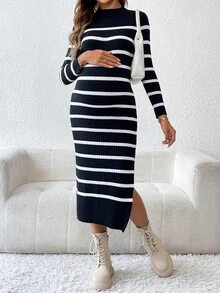 SHEIN Maternity Striped Print Casual Long Sleeve Sweater Dress, For Winter - Royal Blue - View 6