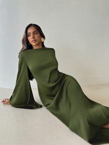 Aloruh 女款優雅棕色緞面派對晚宴禮服，秋季長袖露肩綁腰抓褶不對稱度假用餐洋裝，適用各種場合，AI-Adha - 軍綠色 - 查看 5