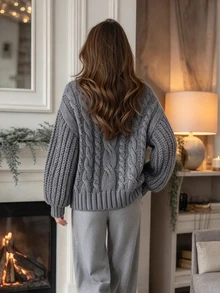 SHEIN Women's Loose High Neck Long Sleeve Cable Knit Sweater, Dark Grey, Slouchy, Autumn/Winter Outerwear - Grey - View 2