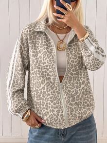 SHEIN EZwear 女款休閒豹紋條紋側拉鍊輕量夾克 - 彩色 - 查看 6