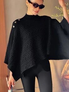 DAZY Women's Cable Knit High Neck Button Knit Top Streetwear - Black - View 6