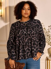 BrightlyHer Plus Size Women's Leopard Print Pleated Casual Daily Long Sleeve Shirt - Brown - View 5