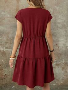 EMERY ROSE Women's Casual Linen-Like Green Short Sleeve Round Neck Mid-Length Dress, Spring/Summer - Red - View 2