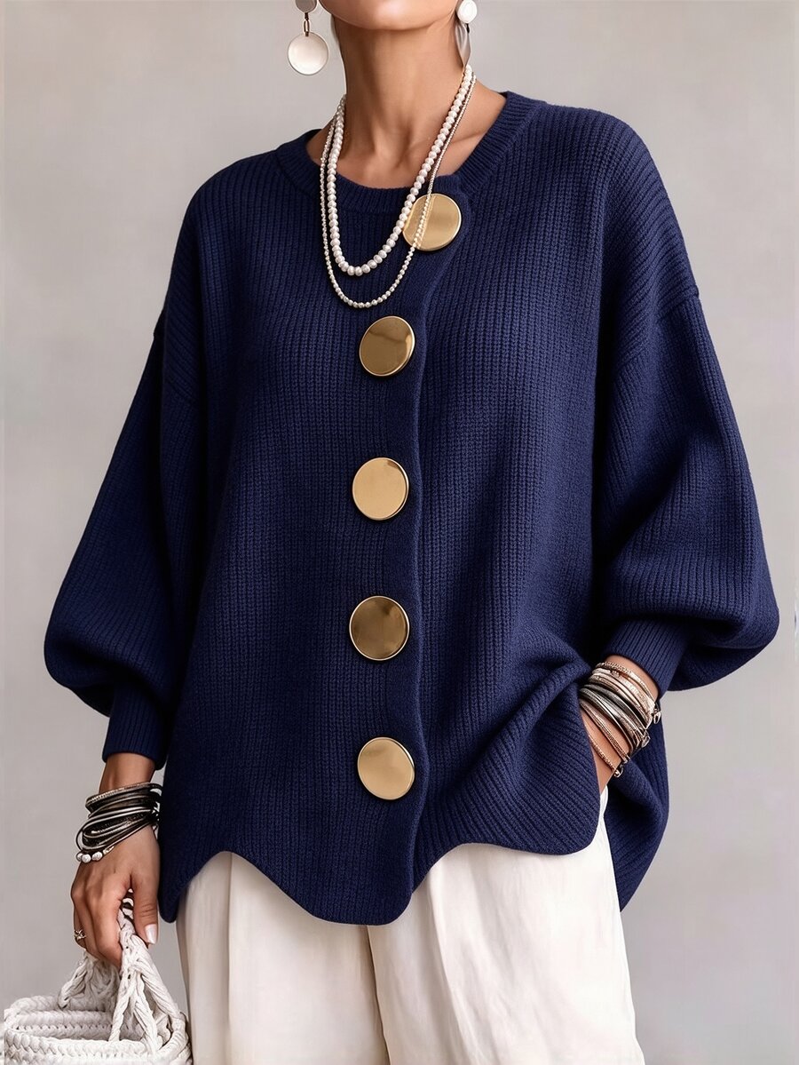 Omancia Cardigan Rajut Kancing Tunggal Berbahan Logam dengan Hem Asimetris untuk Musim Gugur/Dingin - Navy Blue - View 1