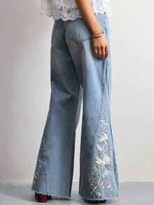 Willow Rêve Women's Light Blue Embroidered Wide Leg Denim Jeans - Blue - View 2