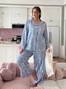 Slumberry CURVE Sweet Hot Girl Contrast Color Striped Bow Puff Wrinkle Plus Size Pajama Set - Blue - View 6