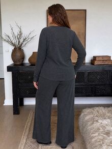 Dazy Plus 2pcs/Set Minimalist Casual Solid Color Thickened Autumn/Winter New Long Pants Home Wear Pajama Set - Dark Grey - View 2