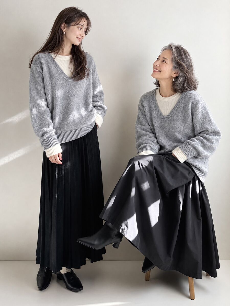 FRIFUL Women's Faux Two-Piece Patchwork Casual Daily Long Sleeve Sweater - Grey - View 1