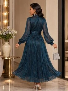 Fleurora فستان نسائي بلون موحد مطوي كاجوال للحفلات - أزرق غامق - مشاهدة 5