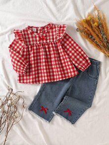 Vintaside Kids 2pcs/Set Girls Classic Plaid Top With Lantern Puff Sleeves And Blue Wide Leg Denim Jeans, Spring/Autumn - Red - View 4