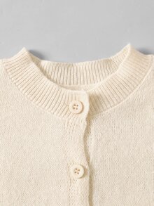 SHEIN 女童秋/冬黃色修身圓領針織開襟毛衣外套，基礎款針織開襟衫，適合海邊度假、冷氣房、開學季、優雅聚會等場合，適合秋冬穿著 - 杏色 - 查看 4
