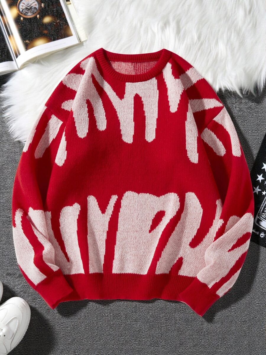 Manfinity Hypemode Men's Crew Neck Long Sleeve Graphic Detail Casual Sweater, For Fall Winter - Red - View 1