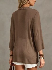 Linhara CURVE Plus Size Women's Casual Solid Color Cross Neck 3/4 Sleeve Ruched Blouse, Suitable For Autumn Indoor And Outdoor Wear Fall - Brown - View 2
