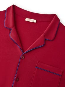 LUVLETTE Plus Size  Soft 100% Pure Cotton Red Basic Long Sleeve Button-Up Top & Pants Pajama Sets For Men Lounge With Pockets Pajamas Christmas & New Years - Red - View 11