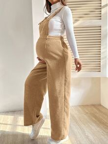 SHEIN 孕婦粉色燈芯絨紋理休閒連身褲 秋季孕婦裝 秋季孕婦吊帶褲 孕婦連身褲 女款孕婦衣 - 駝色 - 查看 3