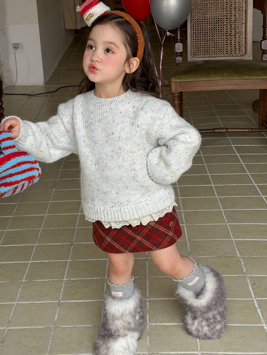 DAZY Infant/Toddler (Girl) Round Neck Lace Patchwork Long Sleeve Autumn/Winter Korean Style Sweater - White - View 1