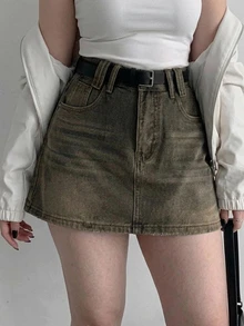 Dazy Plus American Retro Denim Skirt Women New Distressed High Waist A-Line Mini Skirt - Khaki - View 6