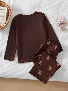 SHEIN 女童杏色羅紋熊圖案長袖上衣與休閒熊圖案長褲居家套裝 節慶穿搭 秋冬款 - 彩色 - 查看 2