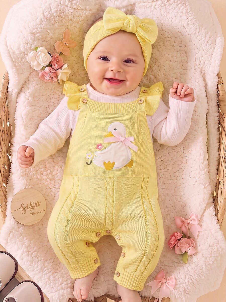 Cozy Pixies Baby Girls' Knitted Romper,Yellow Embroidered Cute Duck Pattern, Long Autumn Winter Pants Embroidery 3d Bow Decoration Warm Festival Knitwear - Yellow - View 1