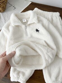 SHEIN 兒童男童 2件組休閒套裝－立領套頭連帽衛衣與保暖內裡秋季長褲，適合冬季、上學、返校，舒適套裝 - 彩色 - 查看 6