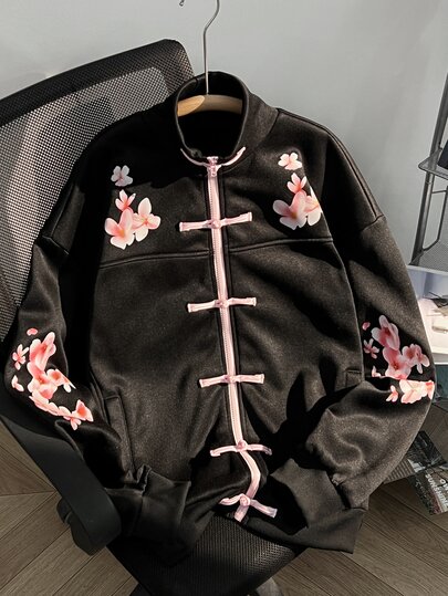 Elamini Moletom Feminino Outono/Inverno Preto & Rosa Contraste Feito à Mão com Decoração de Botão de Sapo, Estampa de Flor de Ameixeira, Gola Alta com Zíper e Bolsos, Vintage Fofo Doce Legal Y2K Novo Estilo Chinês, Versátil para Volta às Aulas, Deslocamento, Escritório, Uso Diário, Passeios e Encontros