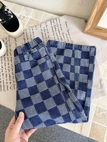 SHEIN 男童時尚休閒深淺藍格紋設計寬鬆直筒牛仔褲 - 藍色 - 查看 8