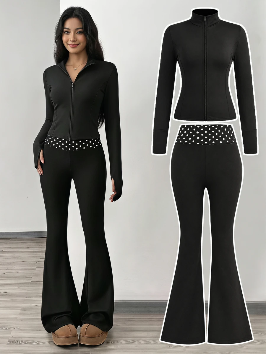 SHEIN Bộ áo khoác kéo khóa cổ đứng và quần ống loe nhún chấm bi thời trang đường phố thường ngày cho bé gái tuổi teen mùa thu/đông, phù hợp đi học và mặc hằng ngày - màu đen - Xem 1