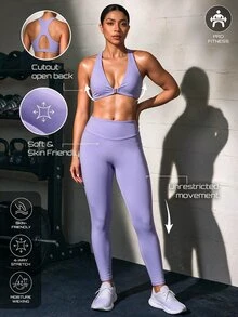 Solea Cove طقم رياضي نسائي من قطعتين، لون برغندي، ظهر مفتوح، أزرار أمامية في المنتصف، رفع المؤخرة وتشكيل الجسم - عنابي اللون - مشاهدة 2