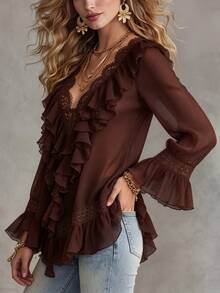 LUMIGAL Women's Spring/Autumn V-Neck Patchwork Lace Ruffle Ruched Pure White Long Sleeve Top, Suitable For Exquisite Elegant, Fashion Casual, Luxury Versatile - Brown - View 5