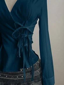 Elamini 性感領口側綁帶收腰修身長袖女式襯衫 - 寶藍色 - 查看 6