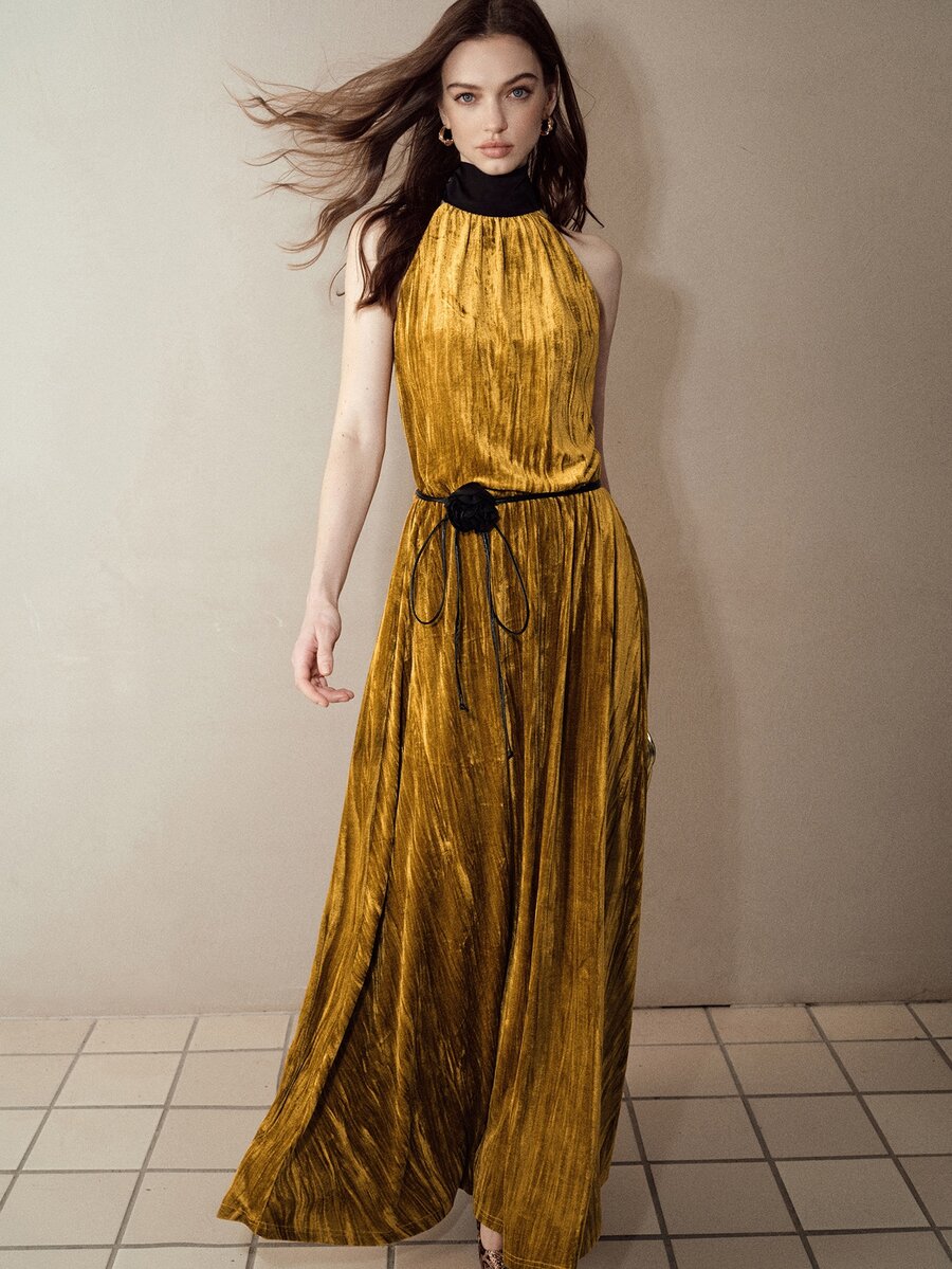 MOTF PREMIUM GOLD HALTER NECK PLEATED EVENING DATE LONG DRESS - Gold - View 1