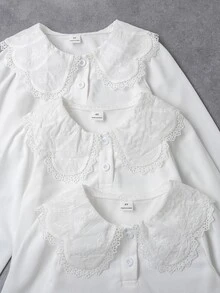Elladie kids 女童白色 3 件組長袖 Polo 衫，彼得領配精緻愛心鈕扣，基本純色修身長袖 T 恤，適合返校季 - 白色 - 查看 4