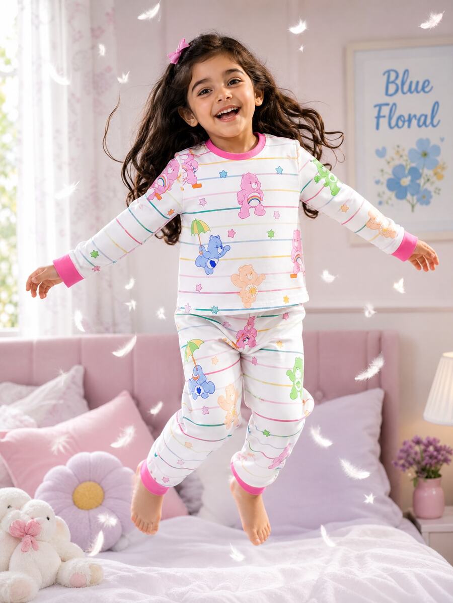 SHEIN X Care Bears 女童休閒簡約居家服套裝,柔軟舒適長袖長褲,適合秋冬,貼身剪裁 - 彩色 - 查看 1