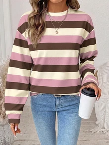 SHEIN LUNE 女款運動衫，秋季服飾，休閒極簡復古優雅通勤百搭保暖印花圖案粉色棕色杏色條紋，秋季穿搭，女款通勤穿搭，百搭上衣，外出穿搭，機場穿搭 - 白色 - 查看 1