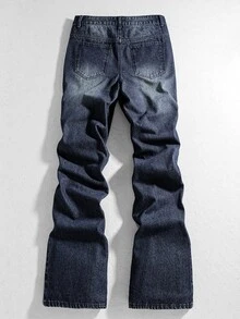 ROMWE MEN 男士休閒日常牛仔褲，十字刺繡圖案與側邊口袋設計 - 藍黑色 - 查看 6