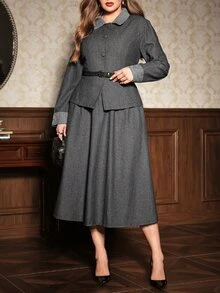 Auvina British Style Tweed 2 Pieces Set, Contrast Color Houndstooth Collar Waist-Cinching Top + Full Skirt Long Skirt, Autumn/Winter Commuter Outfit - Grey - View 6