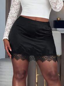 Firerie Plus Size Women Solid Color Contrast Lace Elegant Bodycon Skirt - Black - View 5