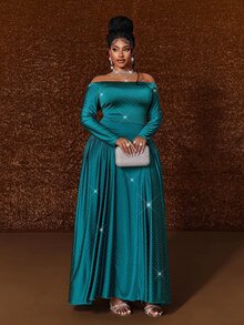 Maweii Plus Size Women's Elegant Party Elegant Rhinestone Round Neck Long Sleeve Slim Fit Flattering Solid Color Dress - Green - View 5