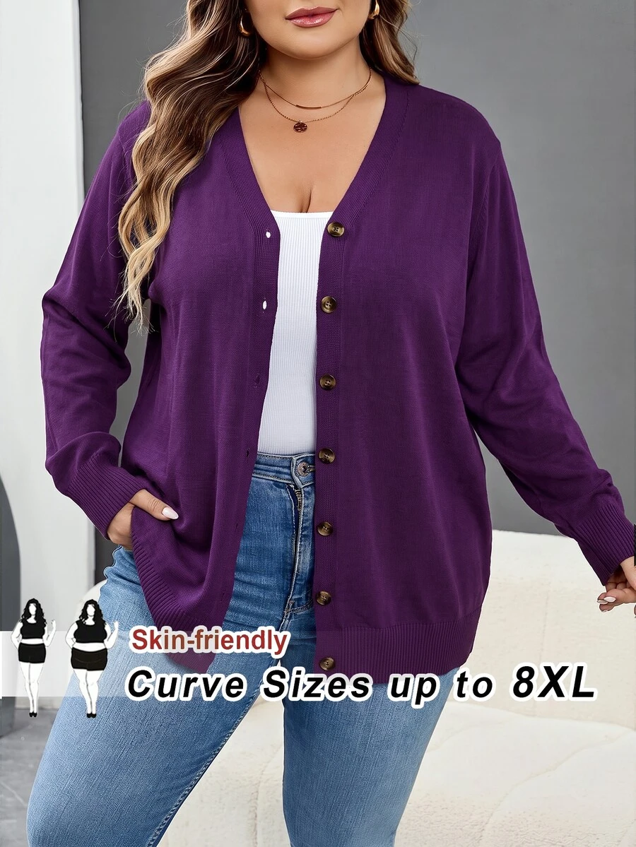 SHEIN CURVE+ 大尺碼黑色冬季休閒日常針織開襟衫 8XL，女裝 6XL 5XL XXL 哥德風萬聖節服裝，蜘蛛網印花秋季透視緊身褲 - 紫色 - 查看 1